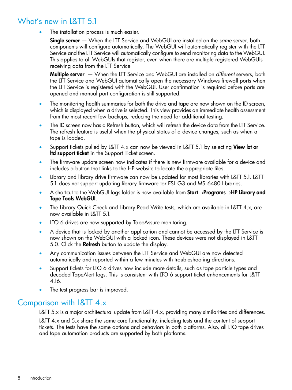 What’s new in l&tt 5.1, Comparison with l&tt 4.x, What’s new in l&tt 5.1 comparison with l&tt 4.x | HP StoreEver TapeAssure Software User Manual | Page 8 / 115