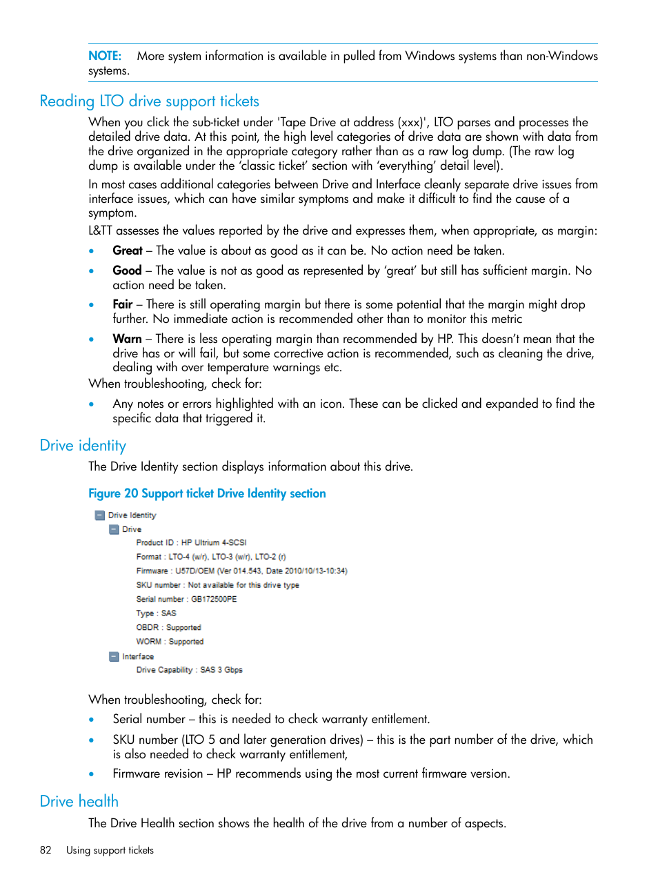 Reading lto drive support tickets, Drive identity, Drive health | HP StoreEver TapeAssure Software User Manual | Page 82 / 115