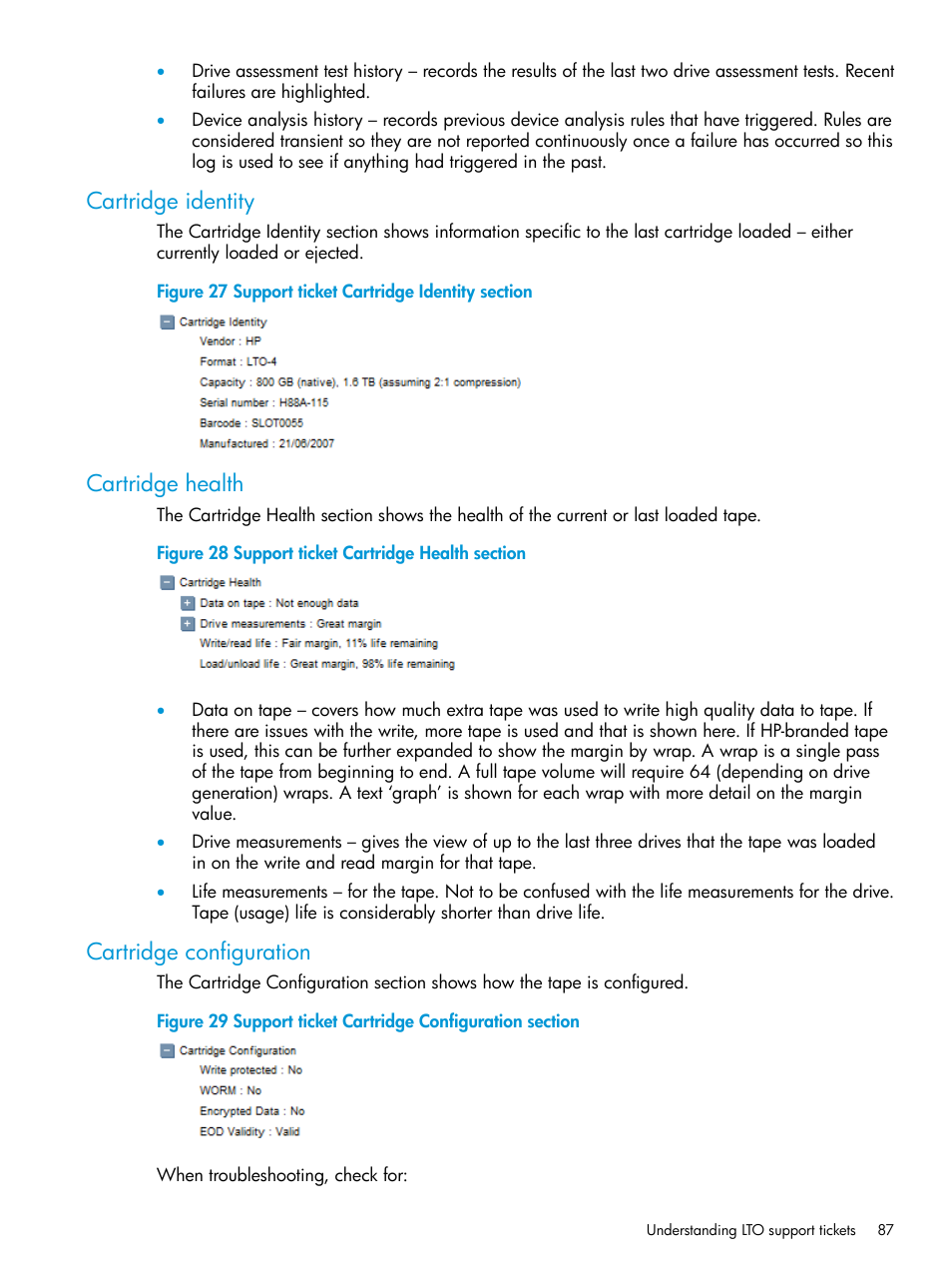 Cartridge identity, Cartridge health, Cartridge configuration | HP StoreEver TapeAssure Software User Manual | Page 87 / 115