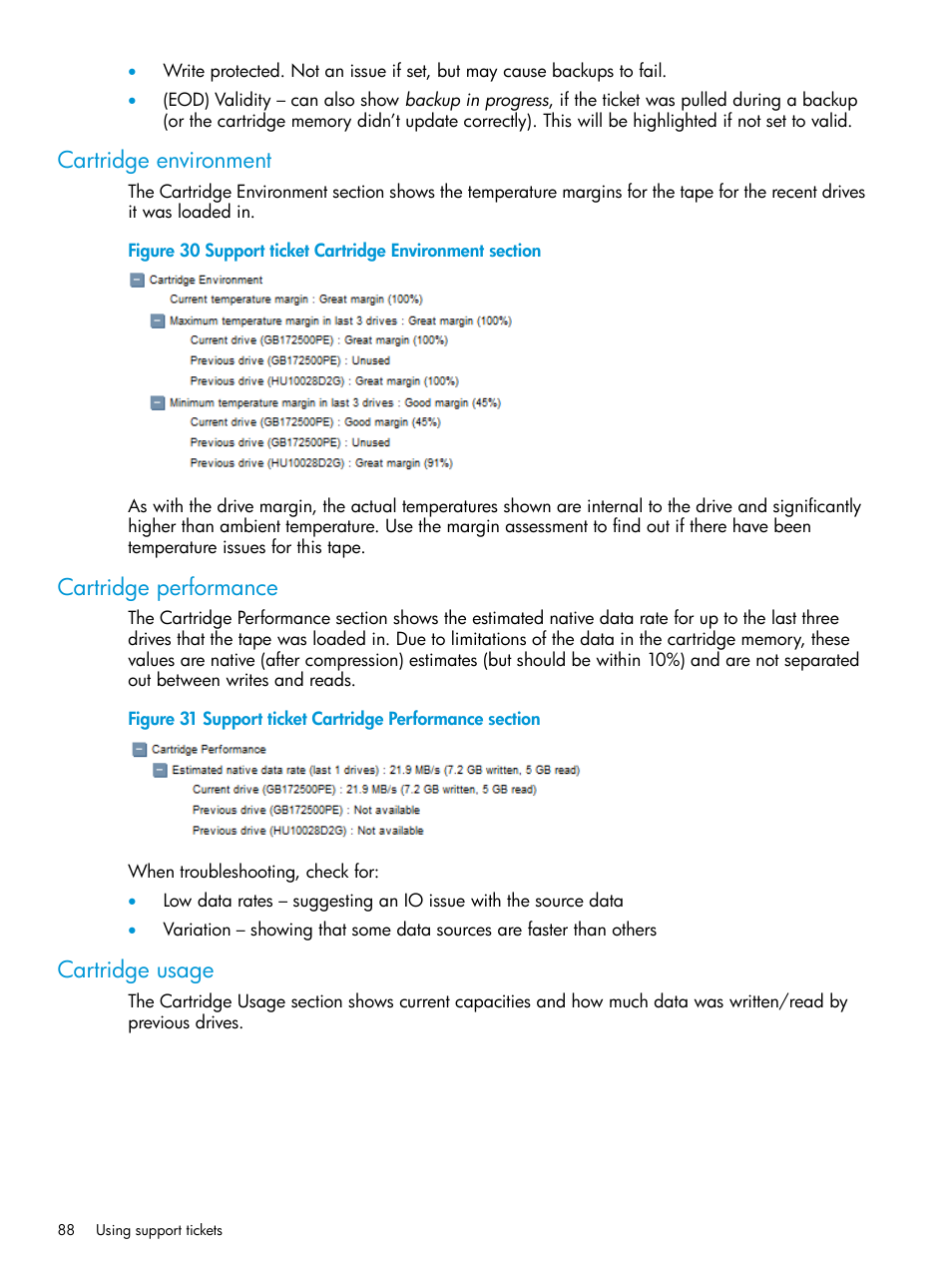 Cartridge environment, Cartridge performance, Cartridge usage | HP StoreEver TapeAssure Software User Manual | Page 88 / 115