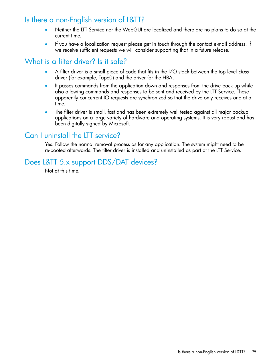 Is there a non-english version of l&tt, What is a filter driver? is it safe, Can i uninstall the ltt service | Does l&tt 5.x support dds/dat devices | HP StoreEver TapeAssure Software User Manual | Page 95 / 115