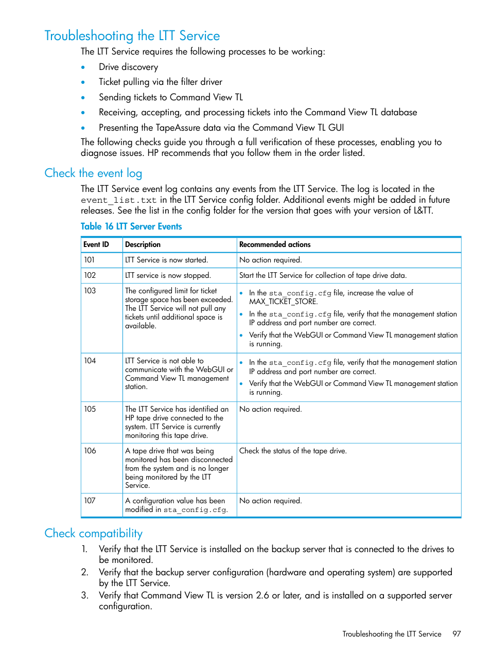 Troubleshooting the ltt service, Check the event log, Check compatibility | Check the event log check compatibility | HP StoreEver TapeAssure Software User Manual | Page 97 / 115