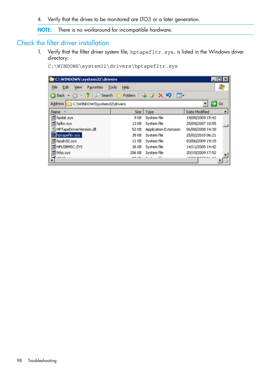 Check the filter driver installation | HP StoreEver TapeAssure Software User Manual | Page 98 / 115