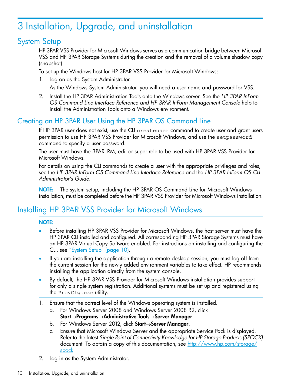 3 installation, upgrade, and uninstallation, System setup | HP 3PAR VSS Provider Software User Manual | Page 10 / 33