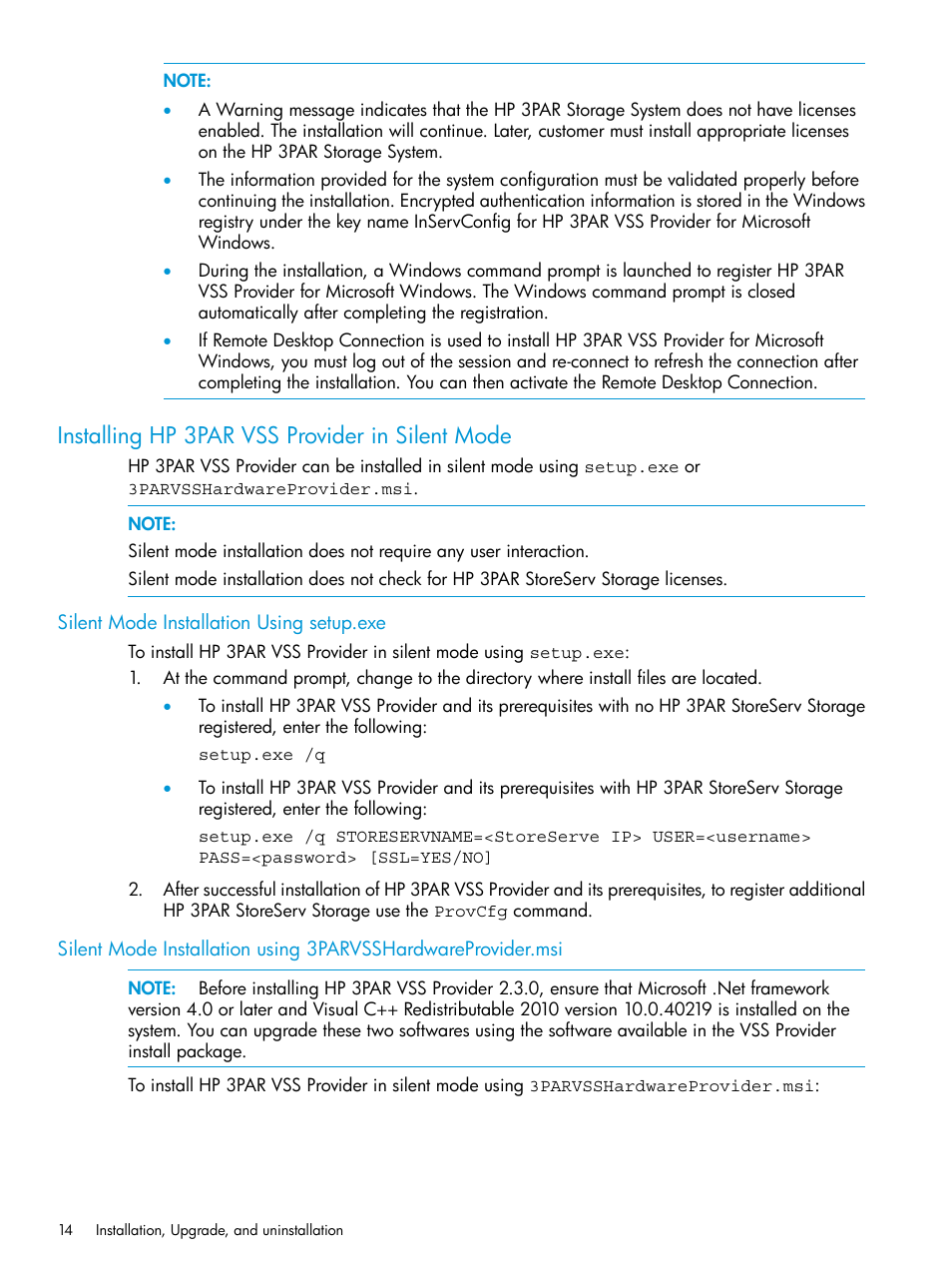 Installing hp 3par vss provider in silent mode, Silent mode installation using setup.exe | HP 3PAR VSS Provider Software User Manual | Page 14 / 33