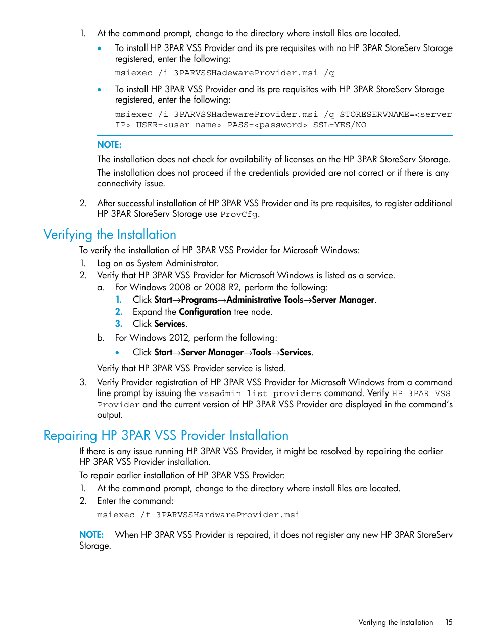 Verifying the installation, Repairing hp 3par vss provider installation | HP 3PAR VSS Provider Software User Manual | Page 15 / 33