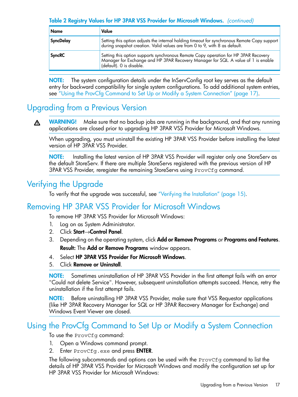 Upgrading from a previous version, Verifying the upgrade | HP 3PAR VSS Provider Software User Manual | Page 17 / 33