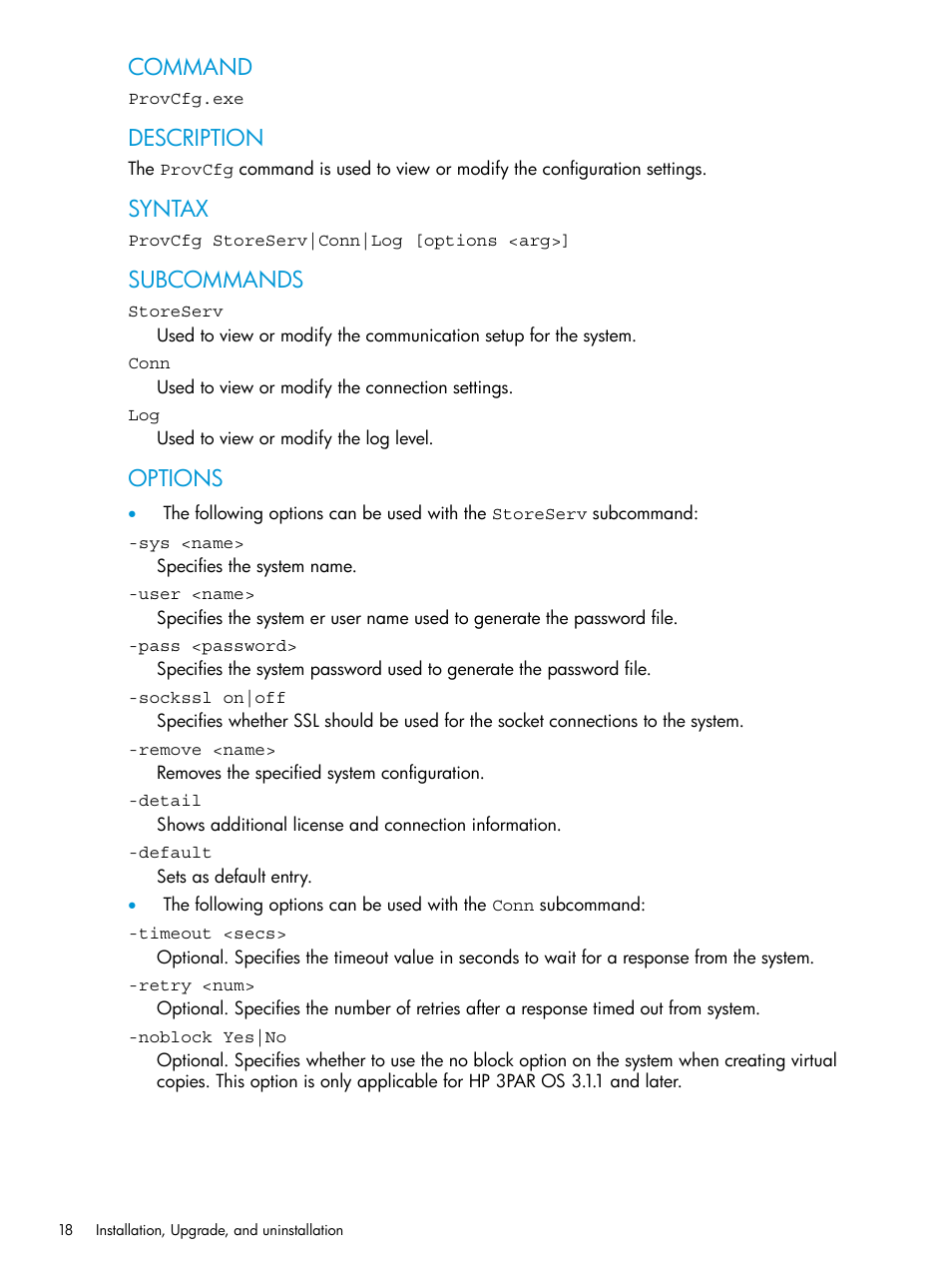 Command, Description, Syntax | Subcommands, Options | HP 3PAR VSS Provider Software User Manual | Page 18 / 33