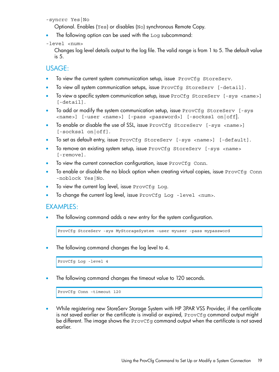 Usage, Examples | HP 3PAR VSS Provider Software User Manual | Page 19 / 33