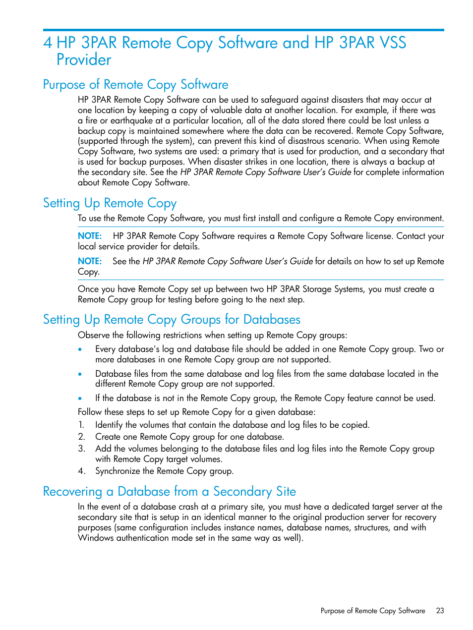 Purpose of remote copy software, Setting up remote copy, Setting up remote copy groups for databases | Recovering a database from a secondary site | HP 3PAR VSS Provider Software User Manual | Page 23 / 33