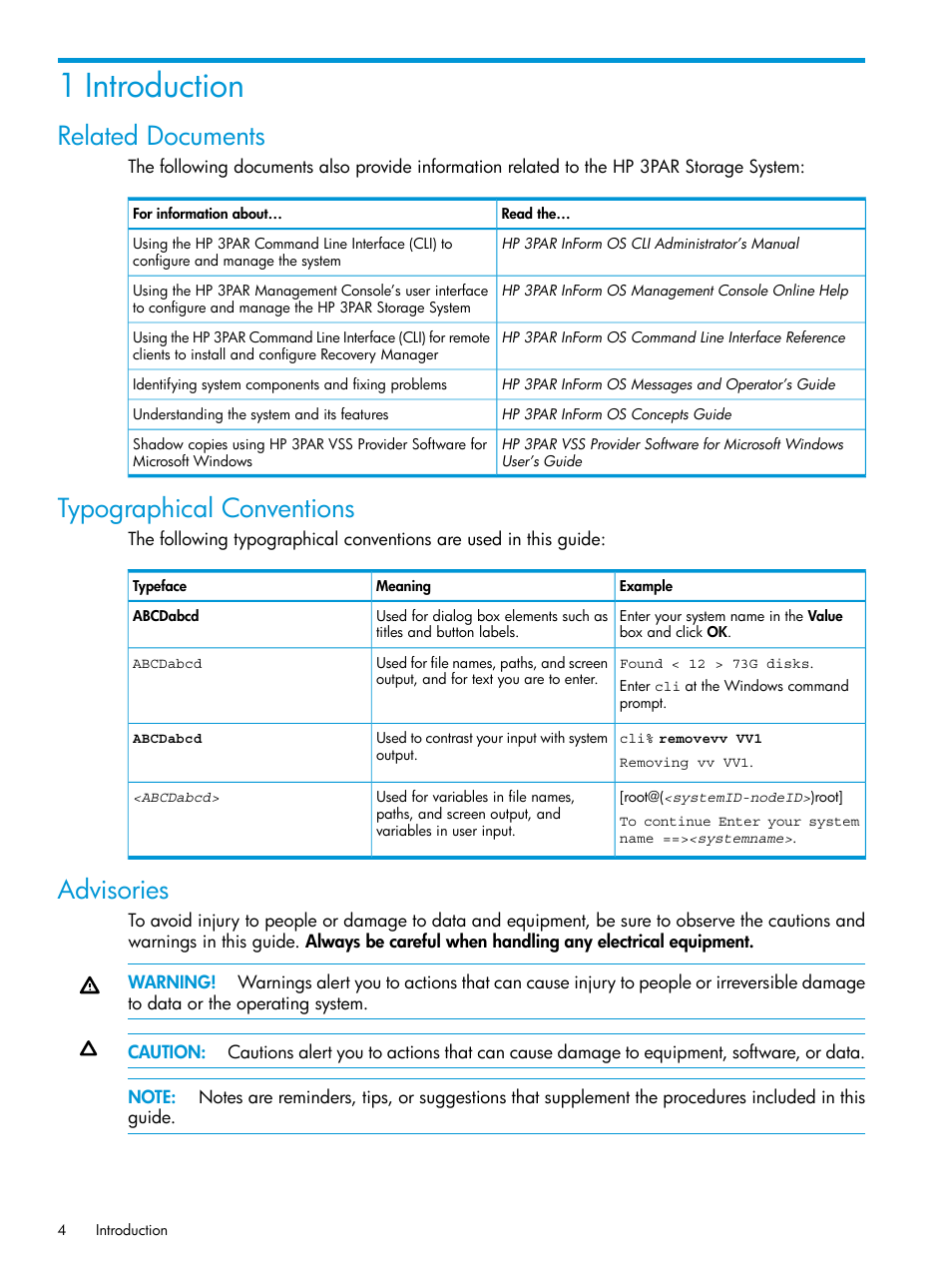 1 introduction, Related documents, Typographical conventions | Advisories | HP 3PAR VSS Provider Software User Manual | Page 4 / 33