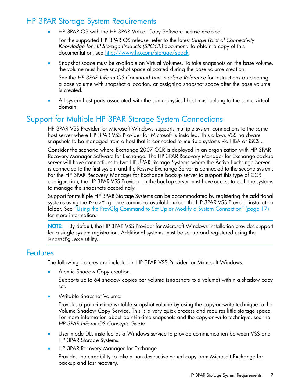 Hp 3par storage system requirements, Features | HP 3PAR VSS Provider Software User Manual | Page 7 / 33
