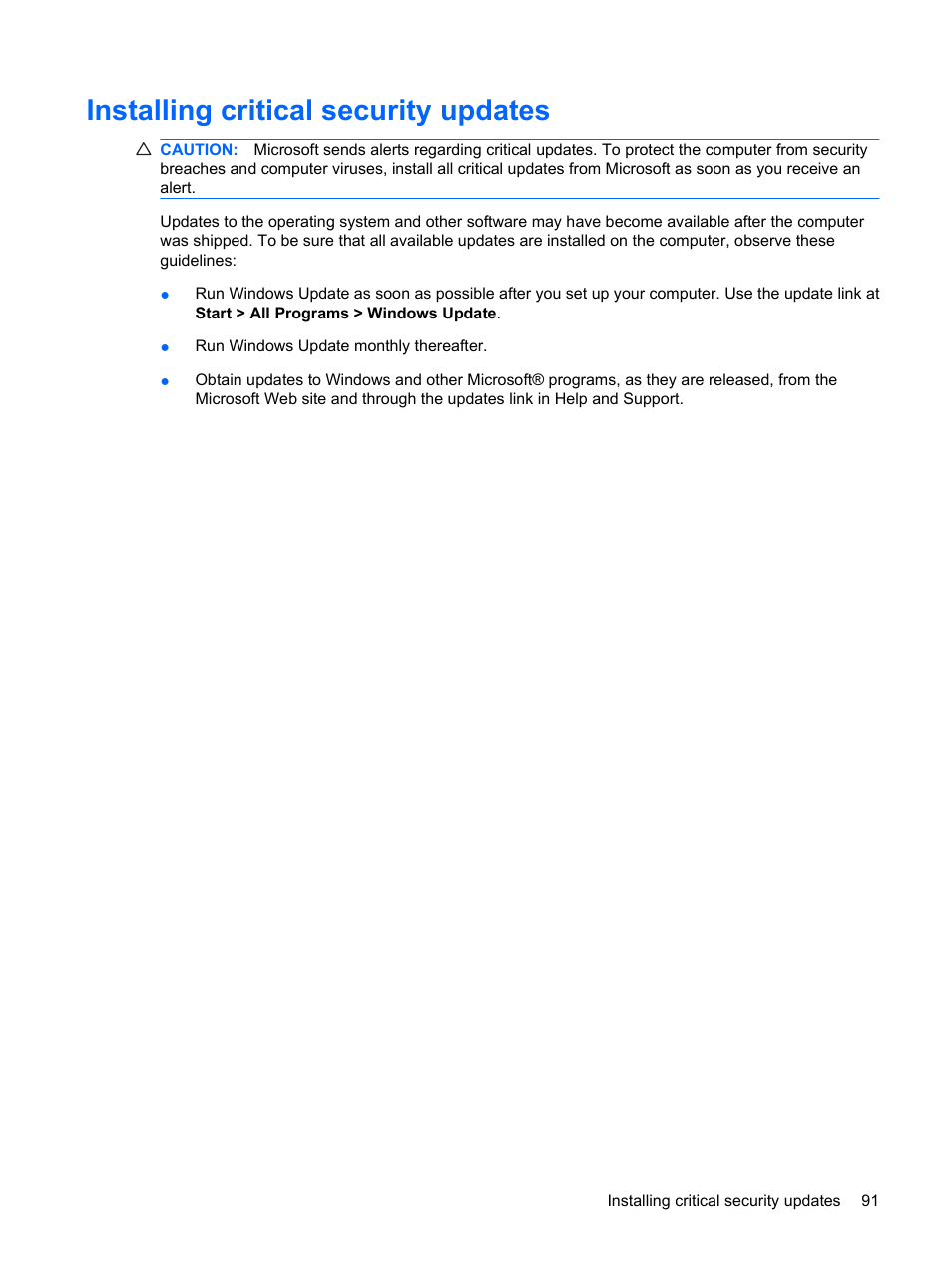 Installing critical security updates | HP TouchSmart tm2-1010ee Notebook PC User Manual | Page 101 / 129