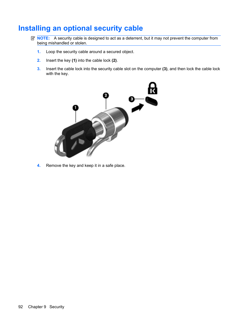 Installing an optional security cable | HP TouchSmart tm2-1010ee Notebook PC User Manual | Page 102 / 129