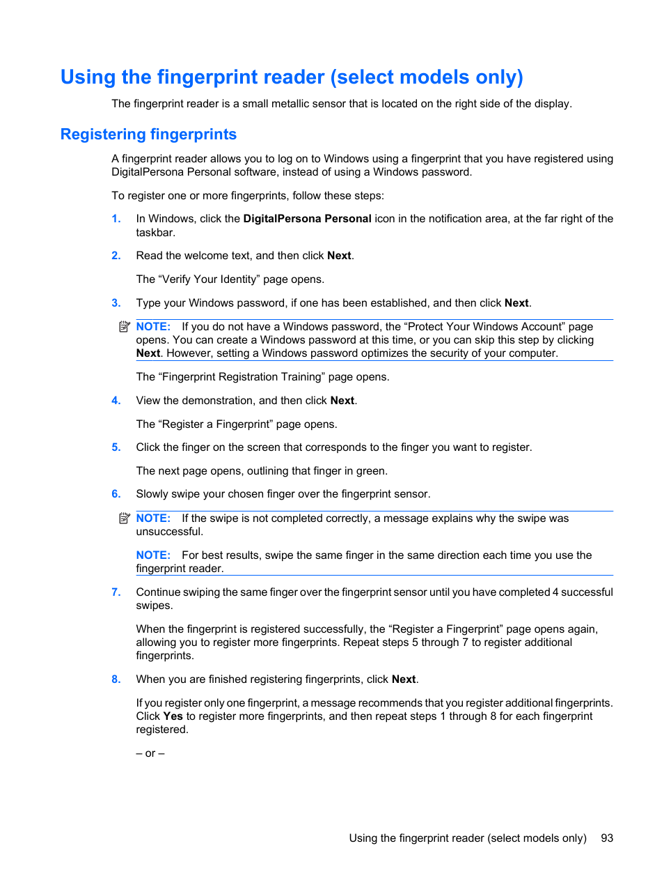 Using the fingerprint reader (select models only), Registering fingerprints | HP TouchSmart tm2-1010ee Notebook PC User Manual | Page 103 / 129