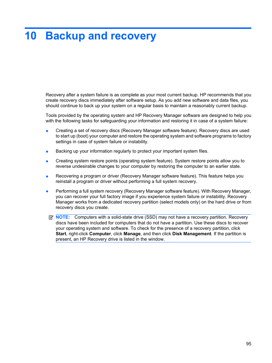 Backup and recovery, 10 backup and recovery | HP TouchSmart tm2-1010ee Notebook PC User Manual | Page 105 / 129