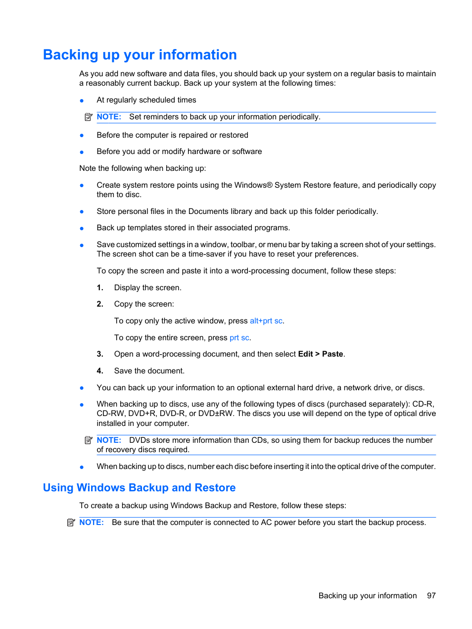 Backing up your information, Using windows backup and restore | HP TouchSmart tm2-1010ee Notebook PC User Manual | Page 107 / 129