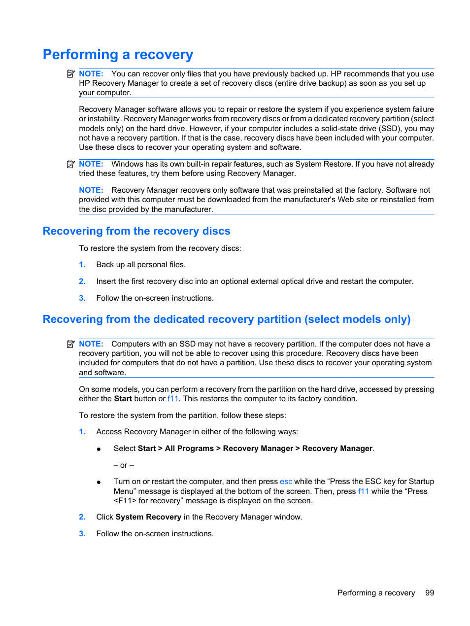 Performing a recovery, Recovering from the recovery discs | HP TouchSmart tm2-1010ee Notebook PC User Manual | Page 109 / 129