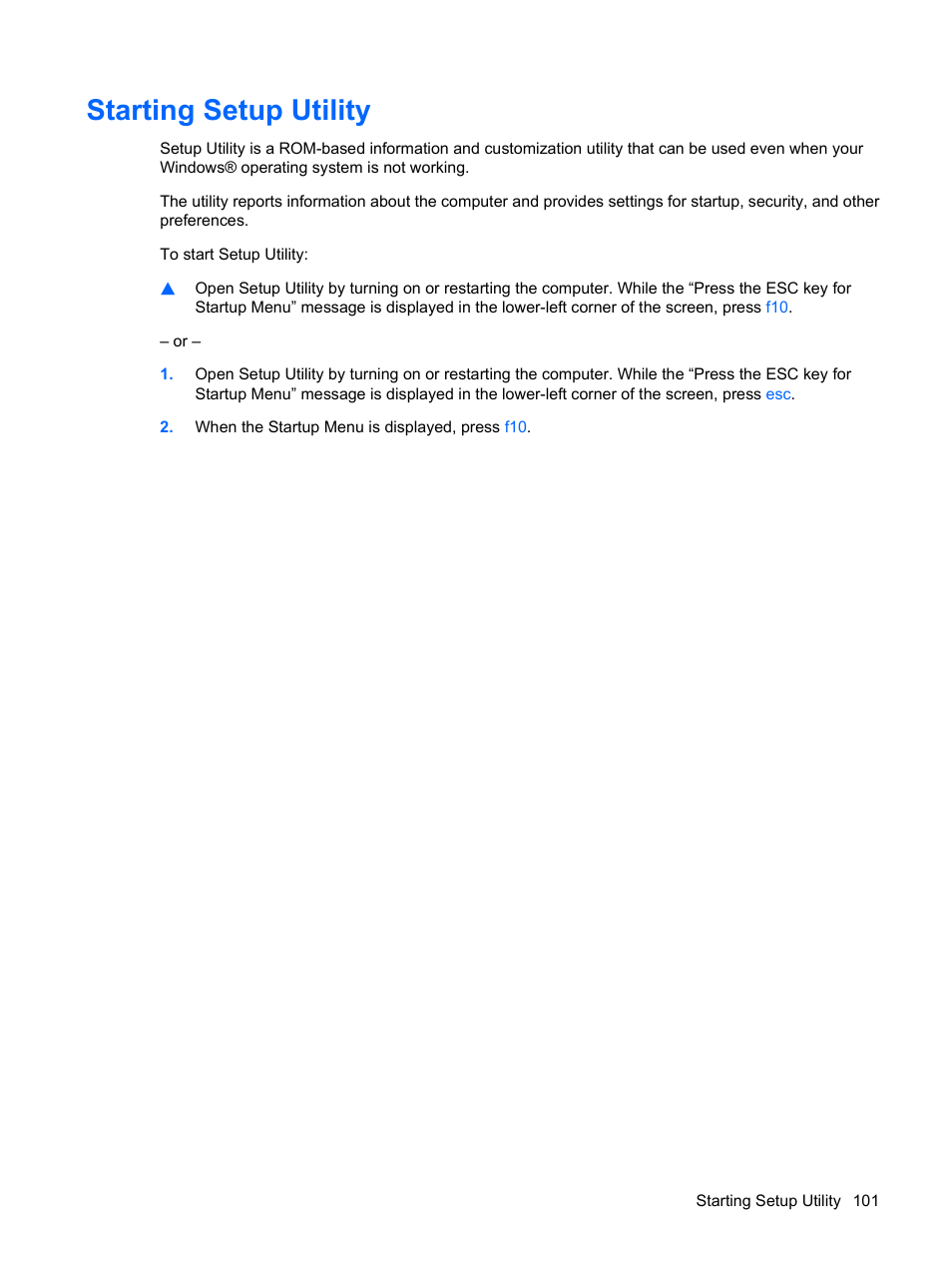 Starting setup utility | HP TouchSmart tm2-1010ee Notebook PC User Manual | Page 111 / 129