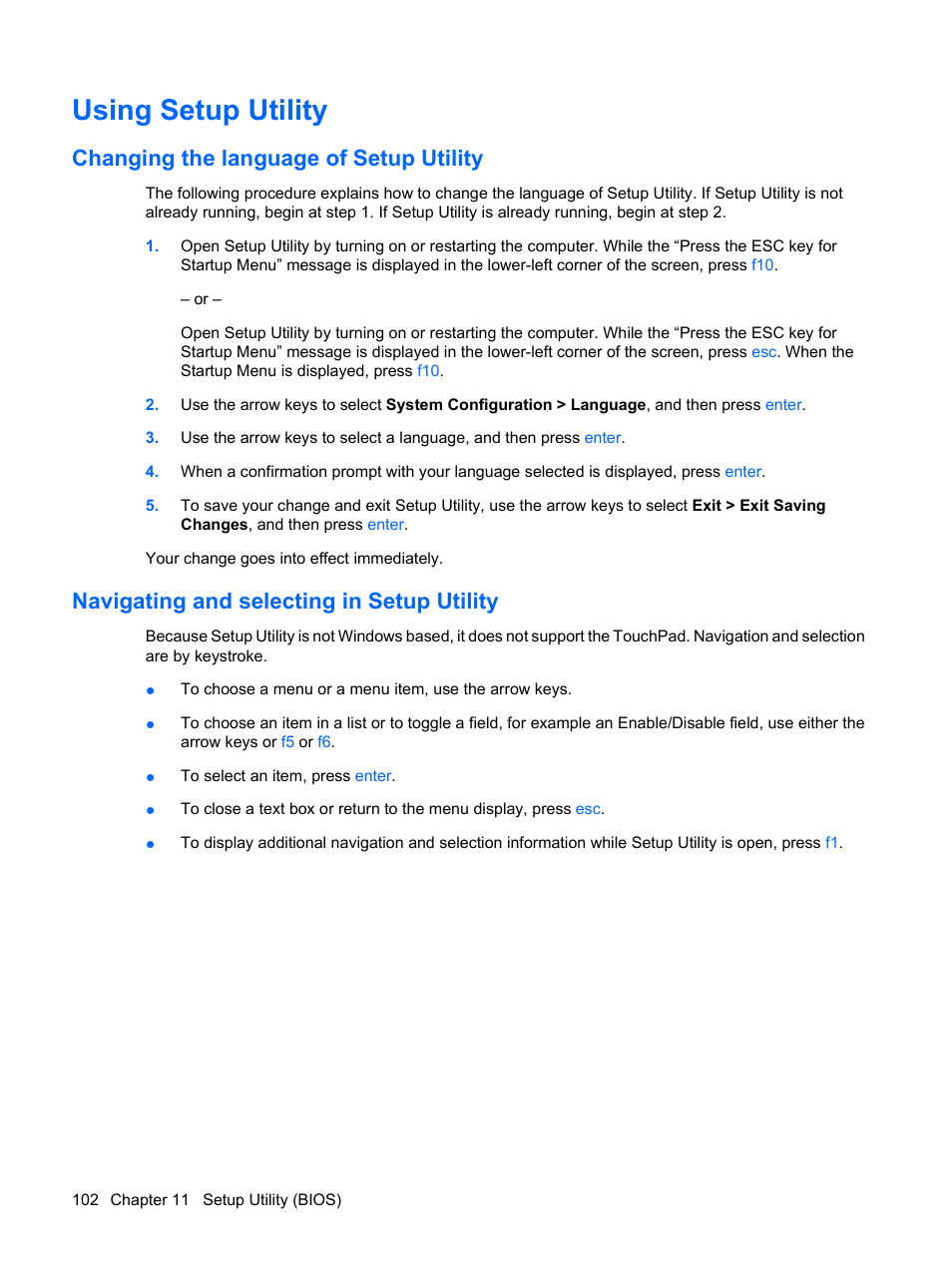 Using setup utility, Changing the language of setup utility, Navigating and selecting in setup utility | HP TouchSmart tm2-1010ee Notebook PC User Manual | Page 112 / 129