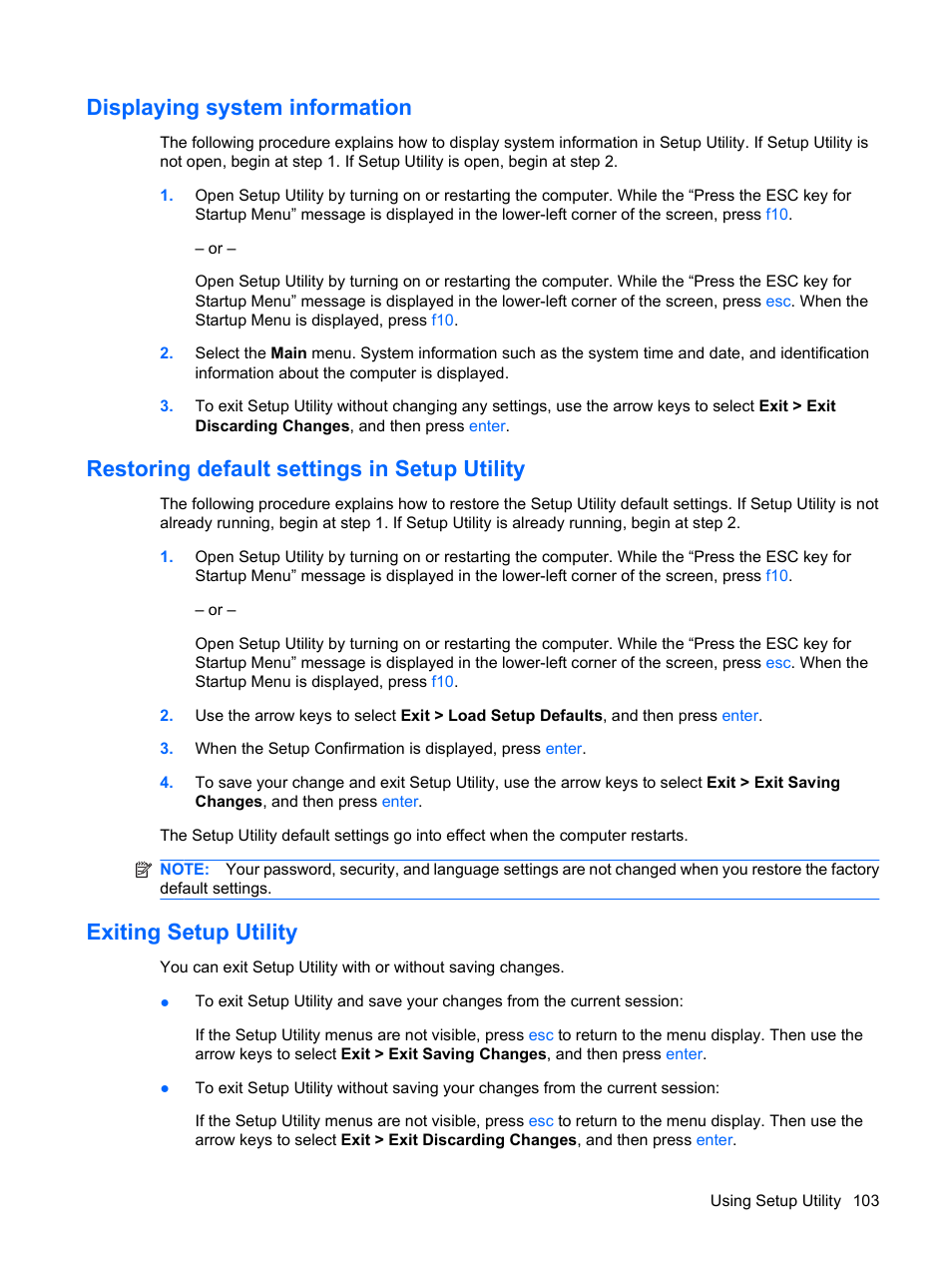 Displaying system information, Restoring default settings in setup utility, Exiting setup utility | HP TouchSmart tm2-1010ee Notebook PC User Manual | Page 113 / 129