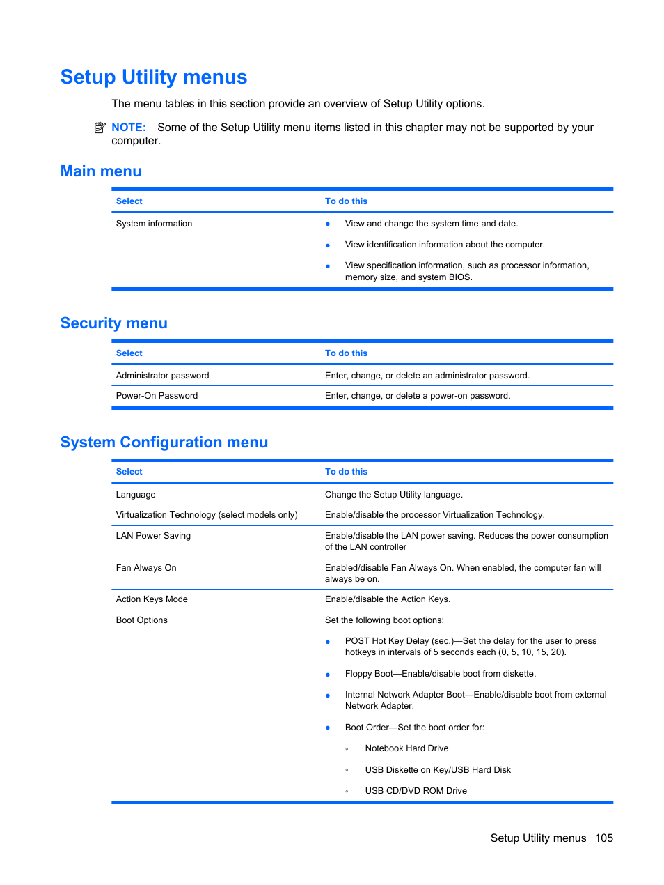 Setup utility menus, Main menu, Security menu | System configuration menu, Main menu security menu system configuration menu | HP TouchSmart tm2-1010ee Notebook PC User Manual | Page 115 / 129