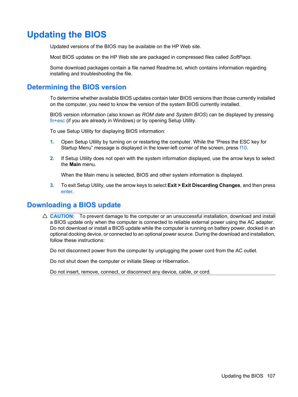 Updating the bios, Determining the bios version, Downloading a bios update | HP TouchSmart tm2-1010ee Notebook PC User Manual | Page 117 / 129