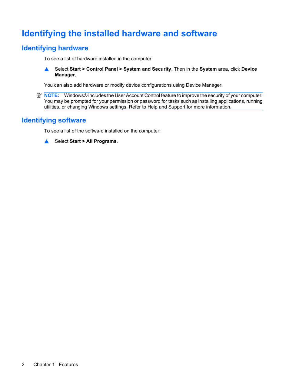 Identifying the installed hardware and software, Identifying hardware, Identifying software | Identifying hardware identifying software | HP TouchSmart tm2-1010ee Notebook PC User Manual | Page 12 / 129