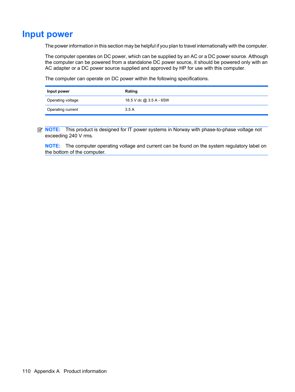 Input power | HP TouchSmart tm2-1010ee Notebook PC User Manual | Page 120 / 129