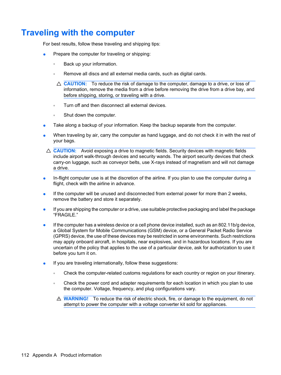 Traveling with the computer | HP TouchSmart tm2-1010ee Notebook PC User Manual | Page 122 / 129