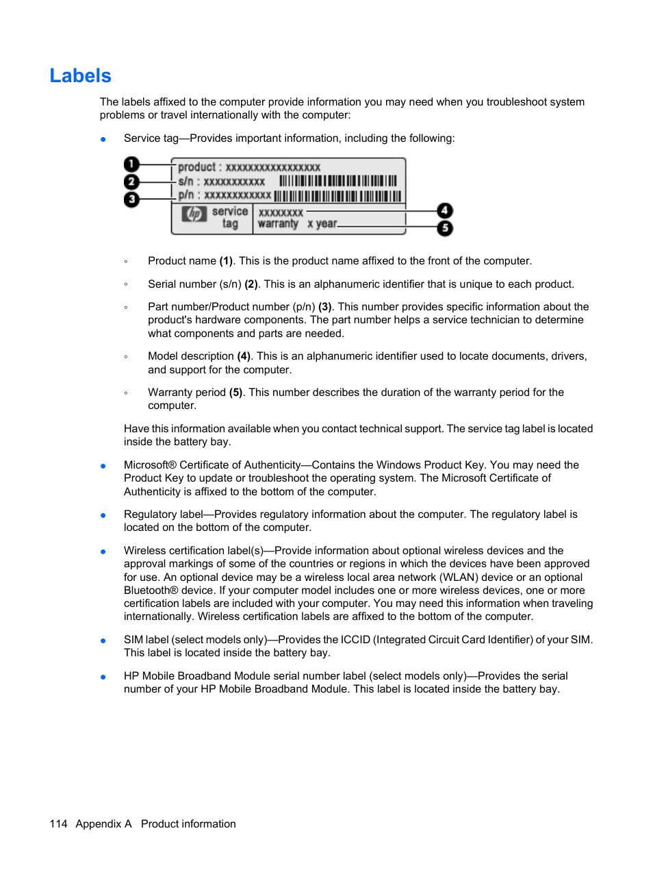 Labels | HP TouchSmart tm2-1010ee Notebook PC User Manual | Page 124 / 129