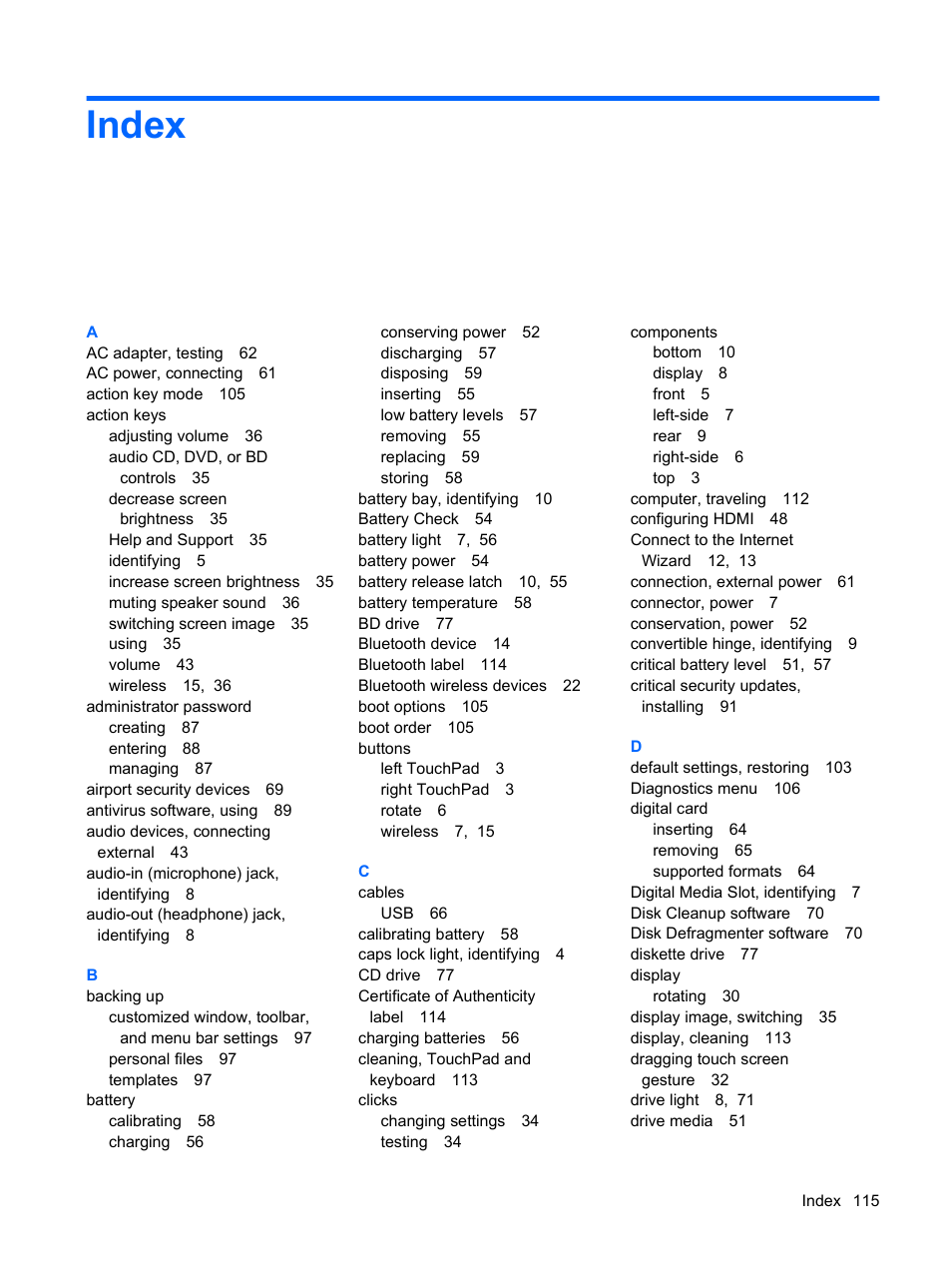 Index | HP TouchSmart tm2-1010ee Notebook PC User Manual | Page 125 / 129