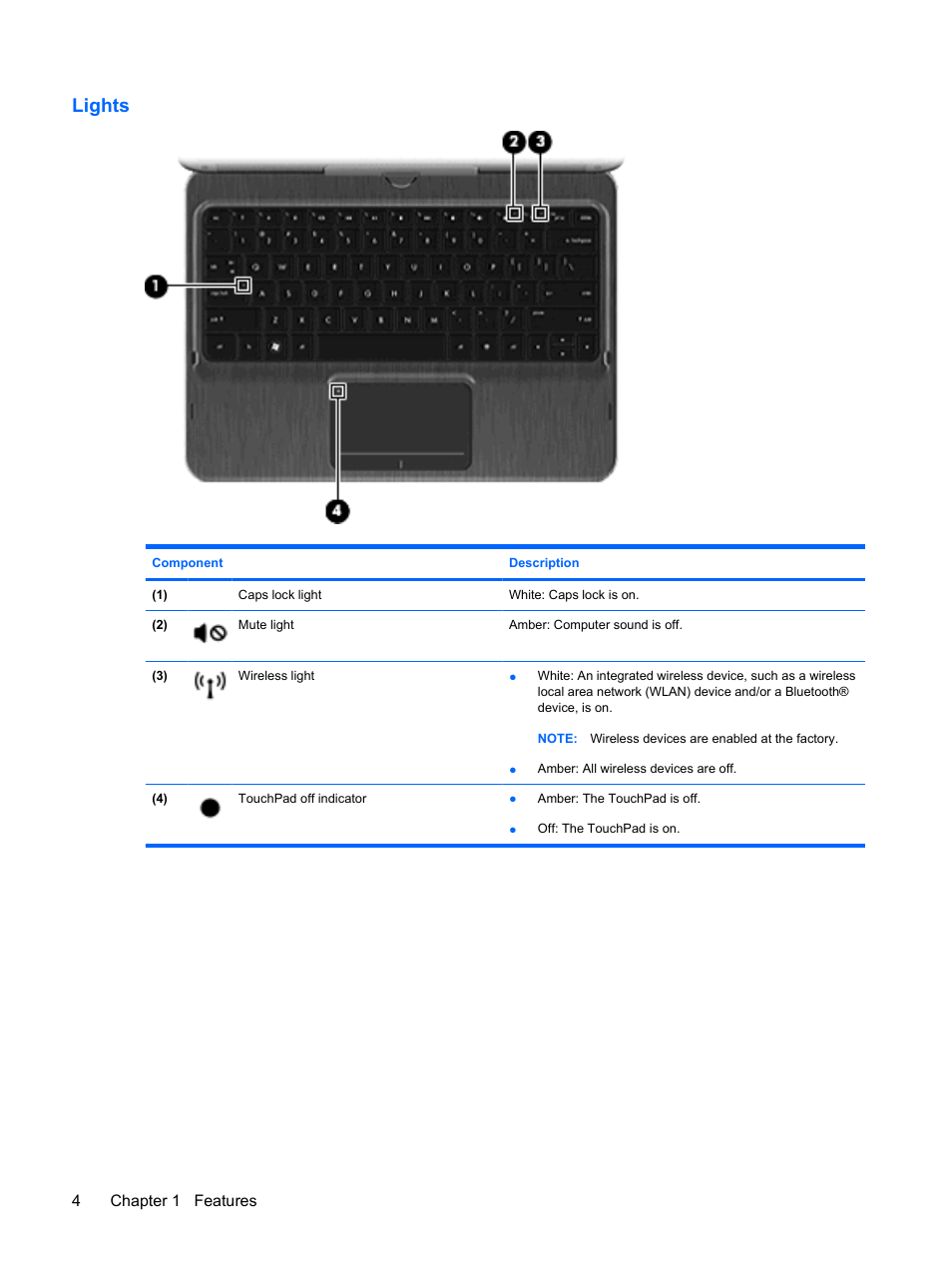 Lights | HP TouchSmart tm2-1010ee Notebook PC User Manual | Page 14 / 129