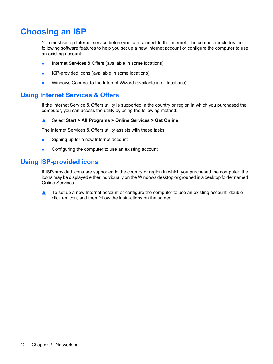 Choosing an isp, Using internet services & offers, Using isp-provided icons | HP TouchSmart tm2-1010ee Notebook PC User Manual | Page 22 / 129