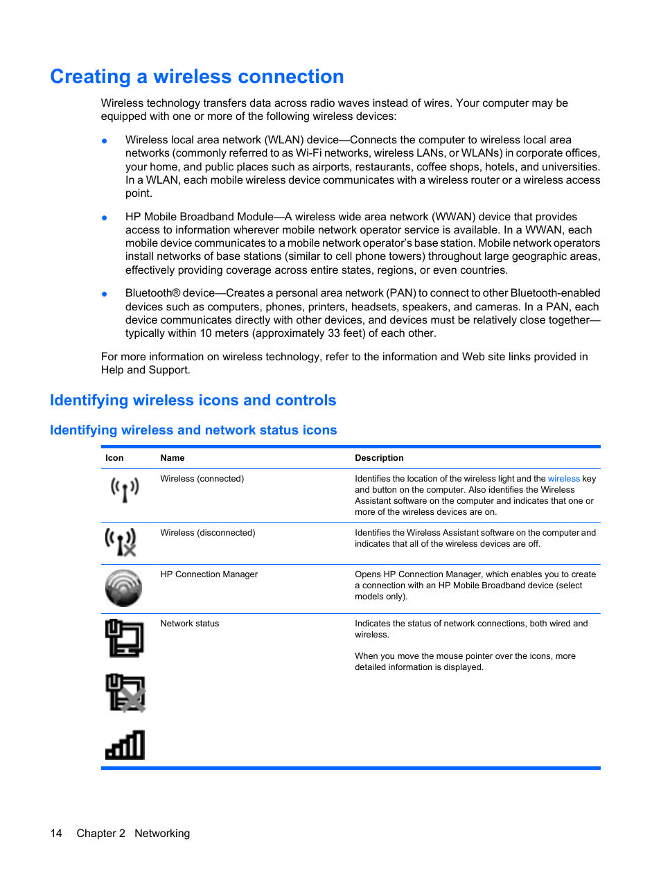 Creating a wireless connection, Identifying wireless icons and controls, Identifying wireless and network status icons | Creating a wireless | HP TouchSmart tm2-1010ee Notebook PC User Manual | Page 24 / 129