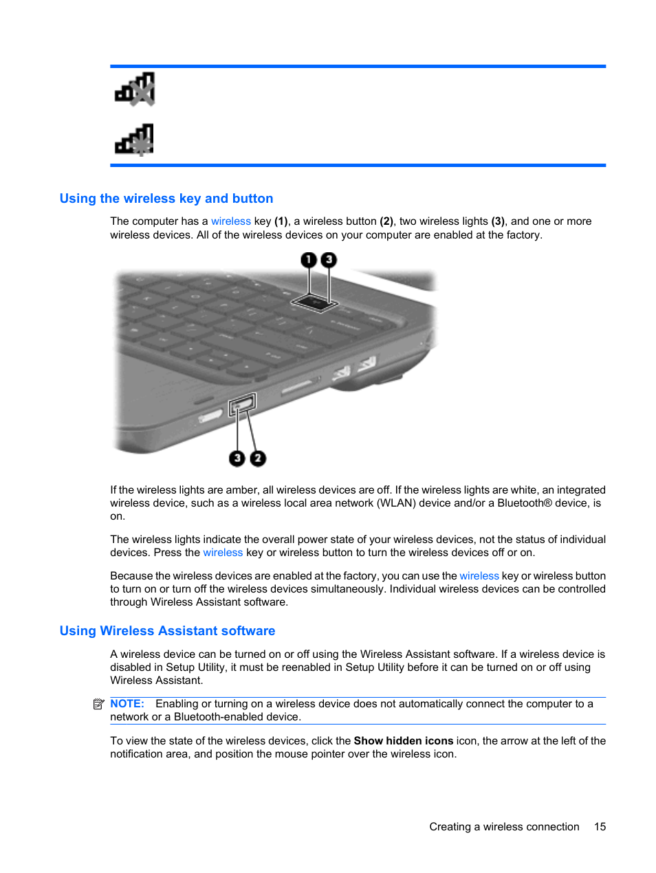 Using the wireless key and button, Using wireless assistant software | HP TouchSmart tm2-1010ee Notebook PC User Manual | Page 25 / 129