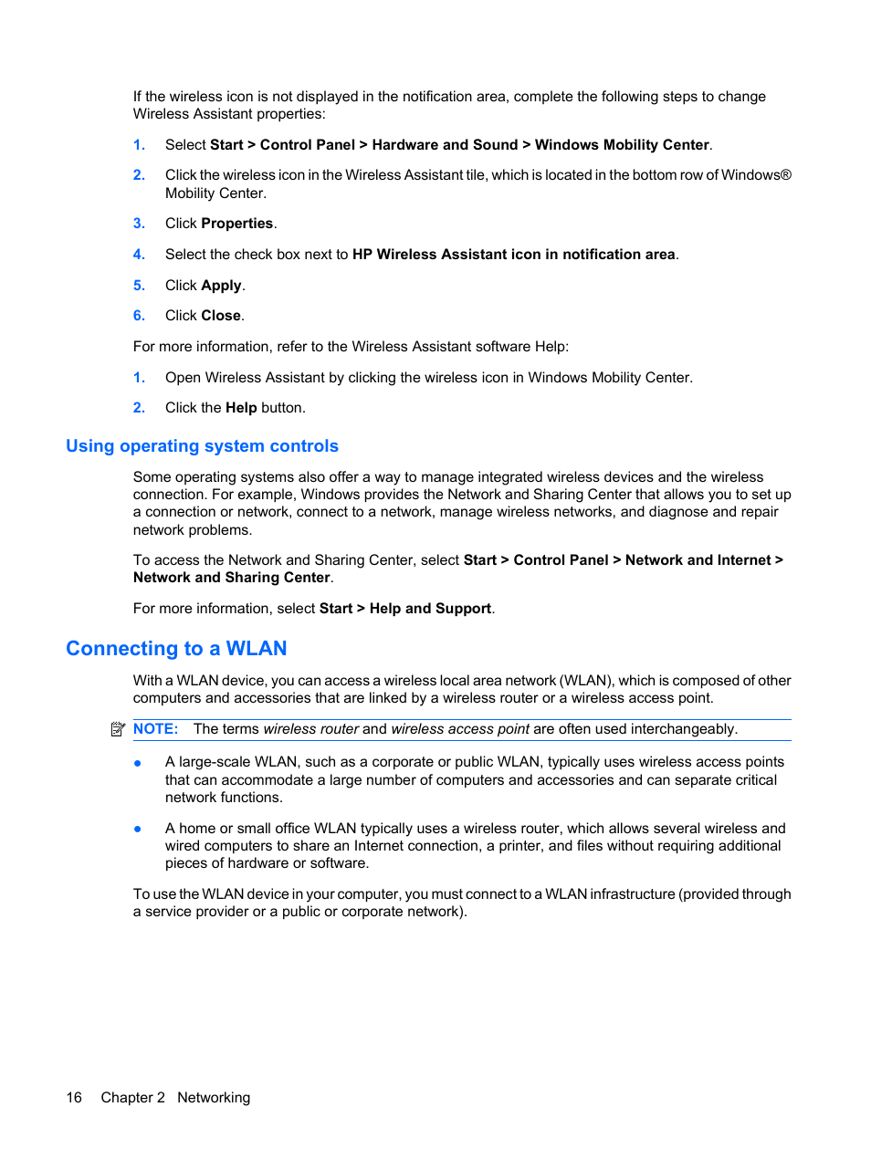 Using operating system controls, Connecting to a wlan | HP TouchSmart tm2-1010ee Notebook PC User Manual | Page 26 / 129