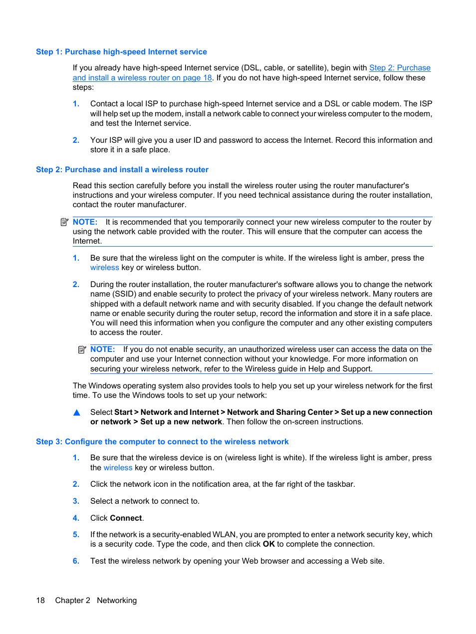 Step 1: purchase high-speed internet service, Step 2: purchase and install a wireless router | HP TouchSmart tm2-1010ee Notebook PC User Manual | Page 28 / 129