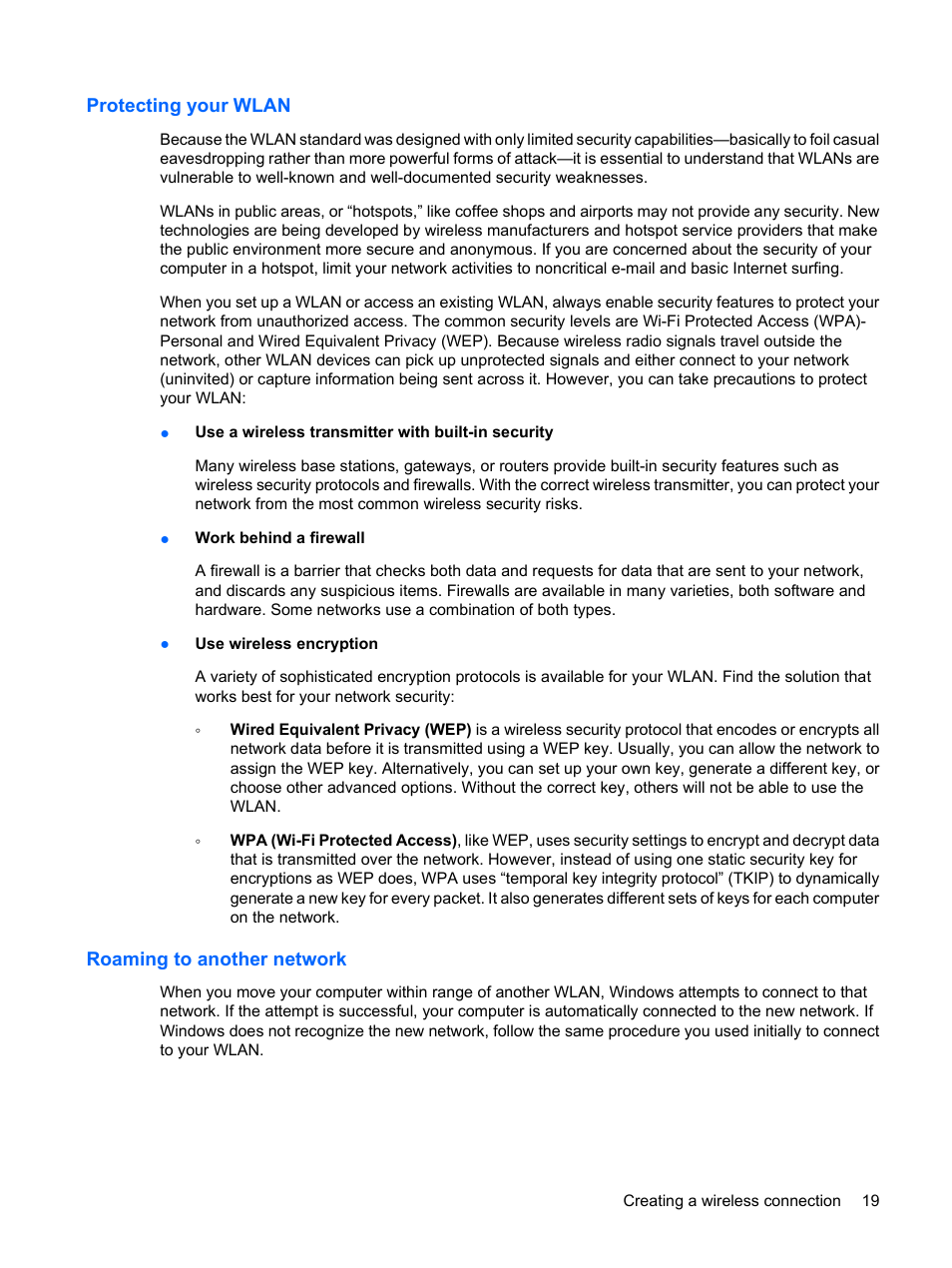 Protecting your wlan, Roaming to another network, Protecting your wlan roaming to another network | HP TouchSmart tm2-1010ee Notebook PC User Manual | Page 29 / 129