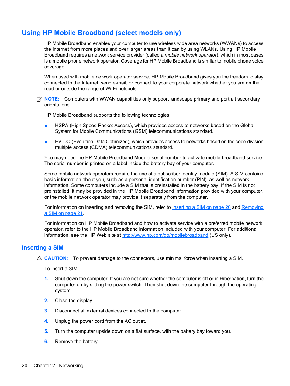 Using hp mobile broadband (select models only), Inserting a sim | HP TouchSmart tm2-1010ee Notebook PC User Manual | Page 30 / 129