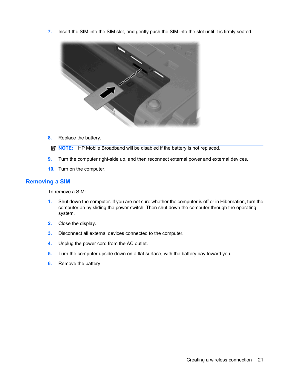 Removing a sim, Removing | HP TouchSmart tm2-1010ee Notebook PC User Manual | Page 31 / 129