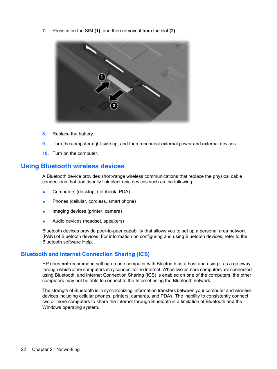Using bluetooth wireless devices, Bluetooth and internet connection sharing (ics) | HP TouchSmart tm2-1010ee Notebook PC User Manual | Page 32 / 129