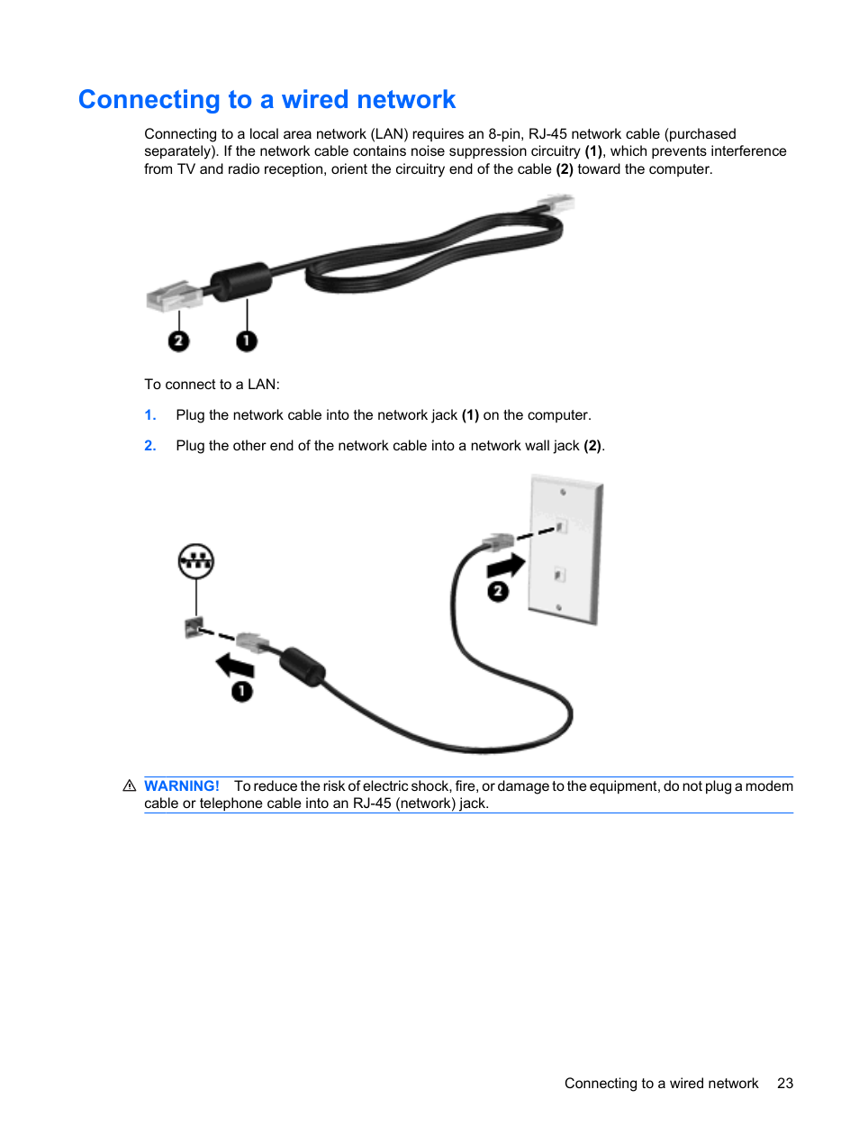 Connecting to a wired network, Connecting to a wired | HP TouchSmart tm2-1010ee Notebook PC User Manual | Page 33 / 129