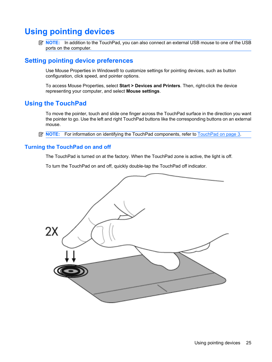 Using pointing devices, Setting pointing device preferences, Using the touchpad | Turning the touchpad on and off | HP TouchSmart tm2-1010ee Notebook PC User Manual | Page 35 / 129