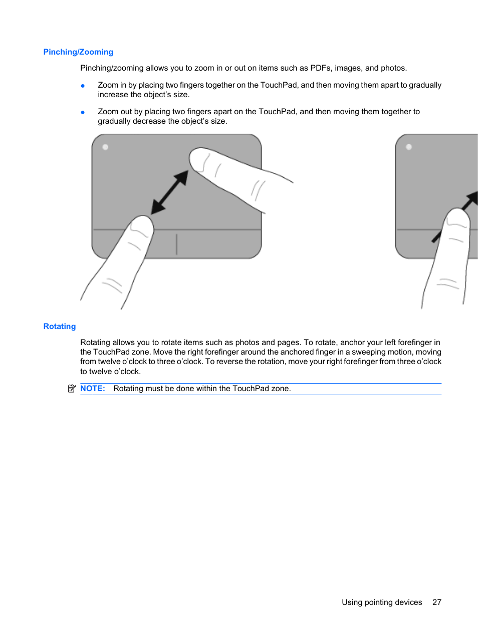 Pinching/zooming, Rotating, Pinching/zooming rotating | HP TouchSmart tm2-1010ee Notebook PC User Manual | Page 37 / 129