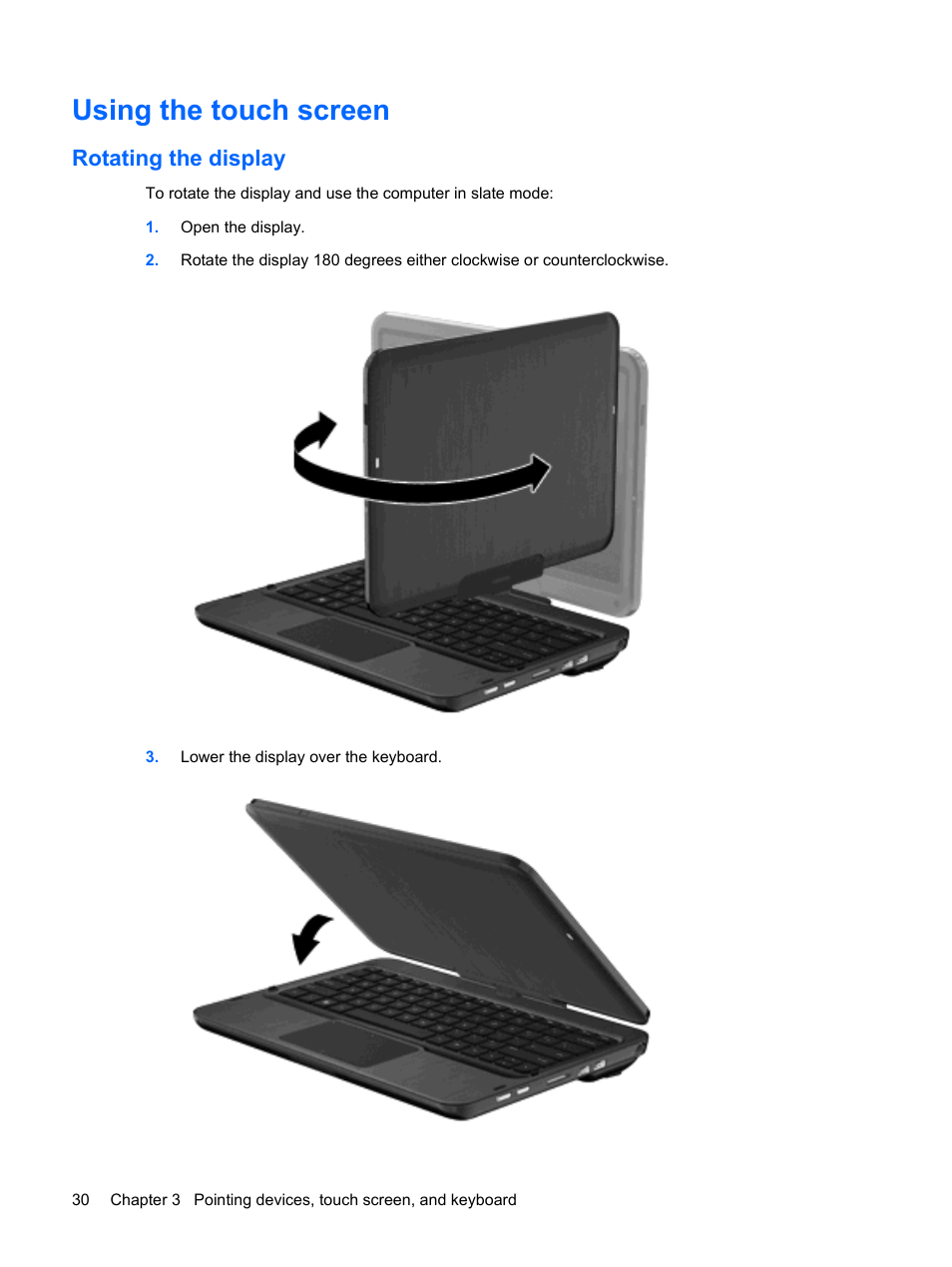 Using the touch screen, Rotating the display | HP TouchSmart tm2-1010ee Notebook PC User Manual | Page 40 / 129