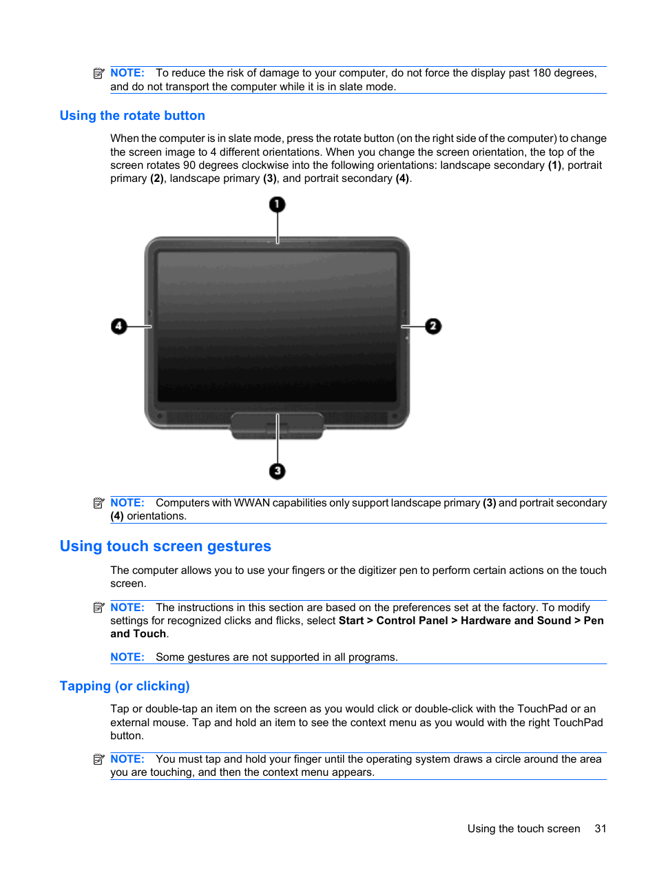 Using the rotate button, Using touch screen gestures, Tapping (or clicking) | HP TouchSmart tm2-1010ee Notebook PC User Manual | Page 41 / 129