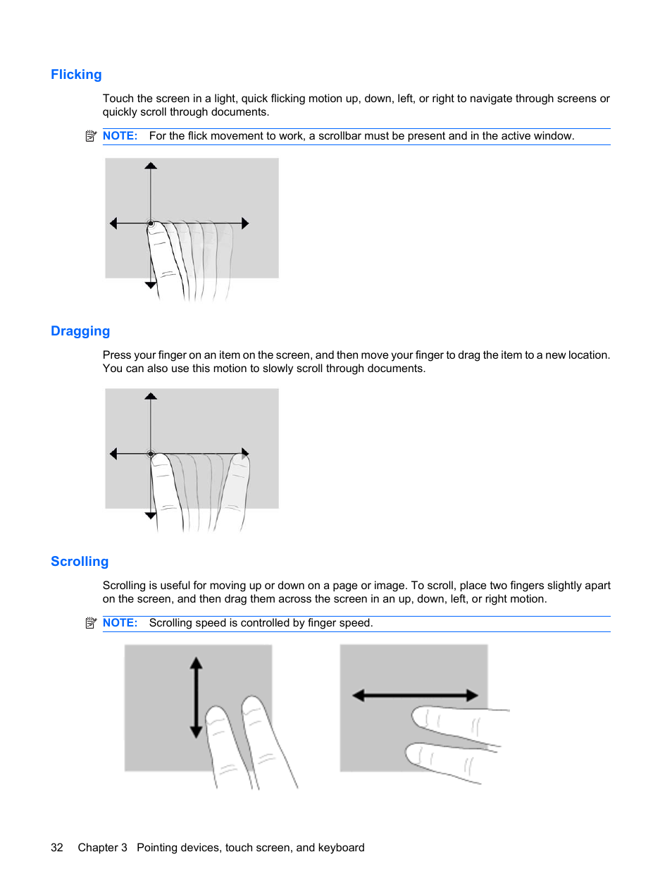 Flicking, Dragging, Scrolling | Flicking dragging scrolling | HP TouchSmart tm2-1010ee Notebook PC User Manual | Page 42 / 129