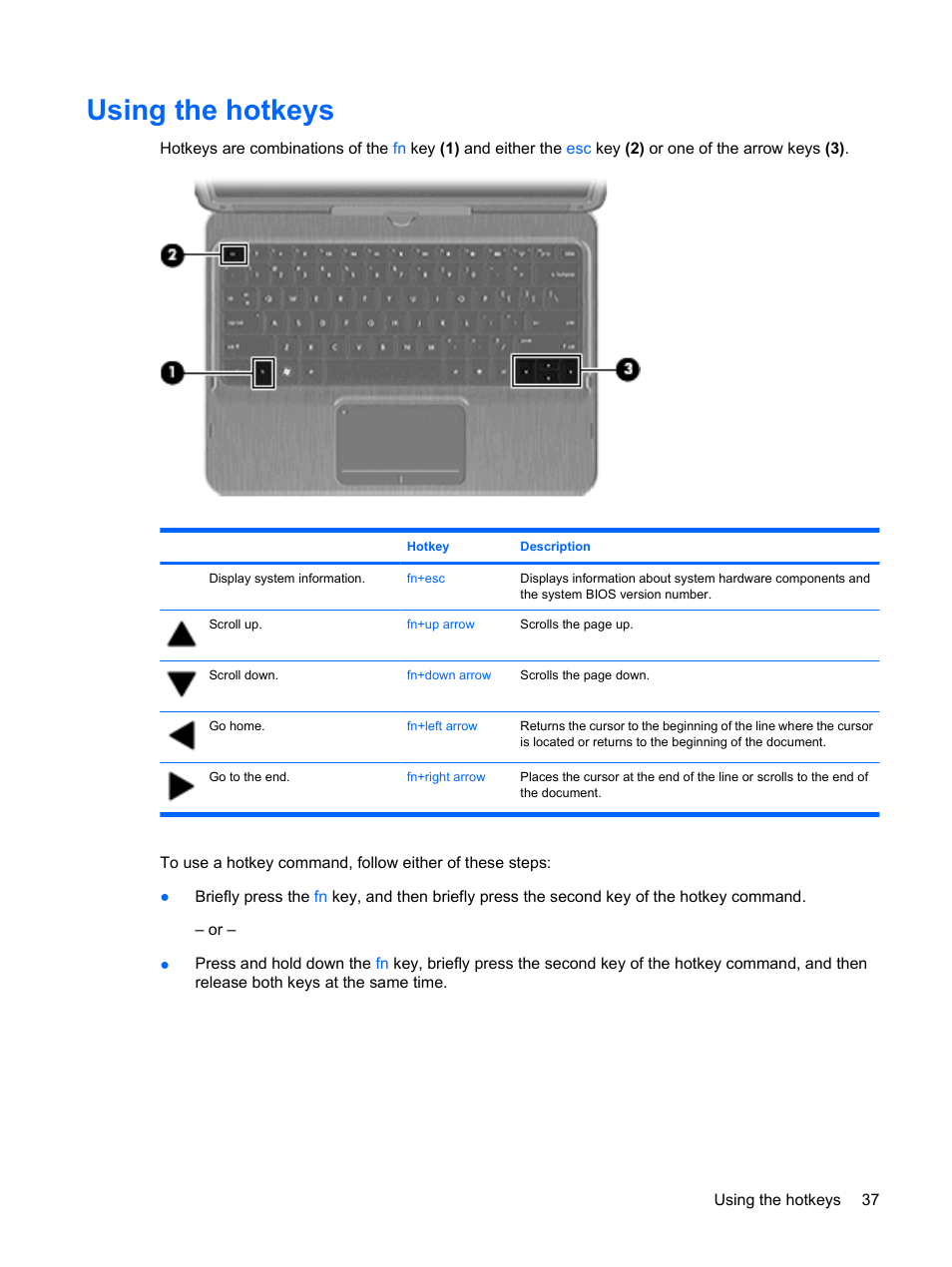 Using the hotkeys | HP TouchSmart tm2-1010ee Notebook PC User Manual | Page 47 / 129