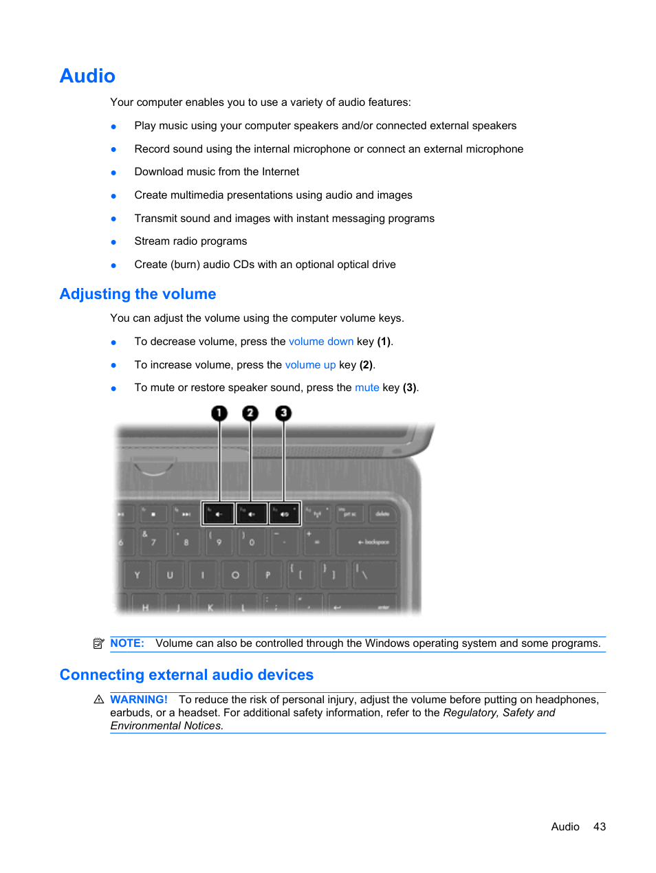 Audio, Adjusting the volume, Connecting external audio devices | HP TouchSmart tm2-1010ee Notebook PC User Manual | Page 53 / 129